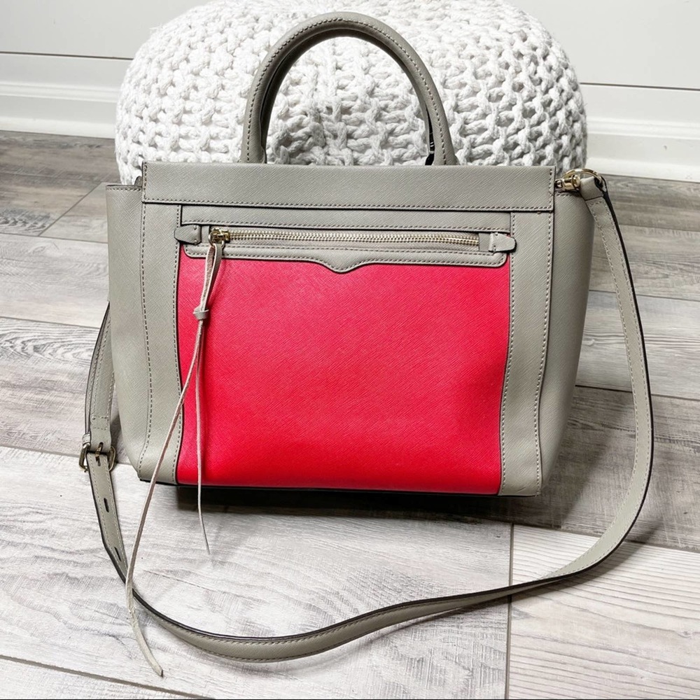 Rebecca Minkoff Small Monroe Saffiano Leather Tote Bag Grey Red